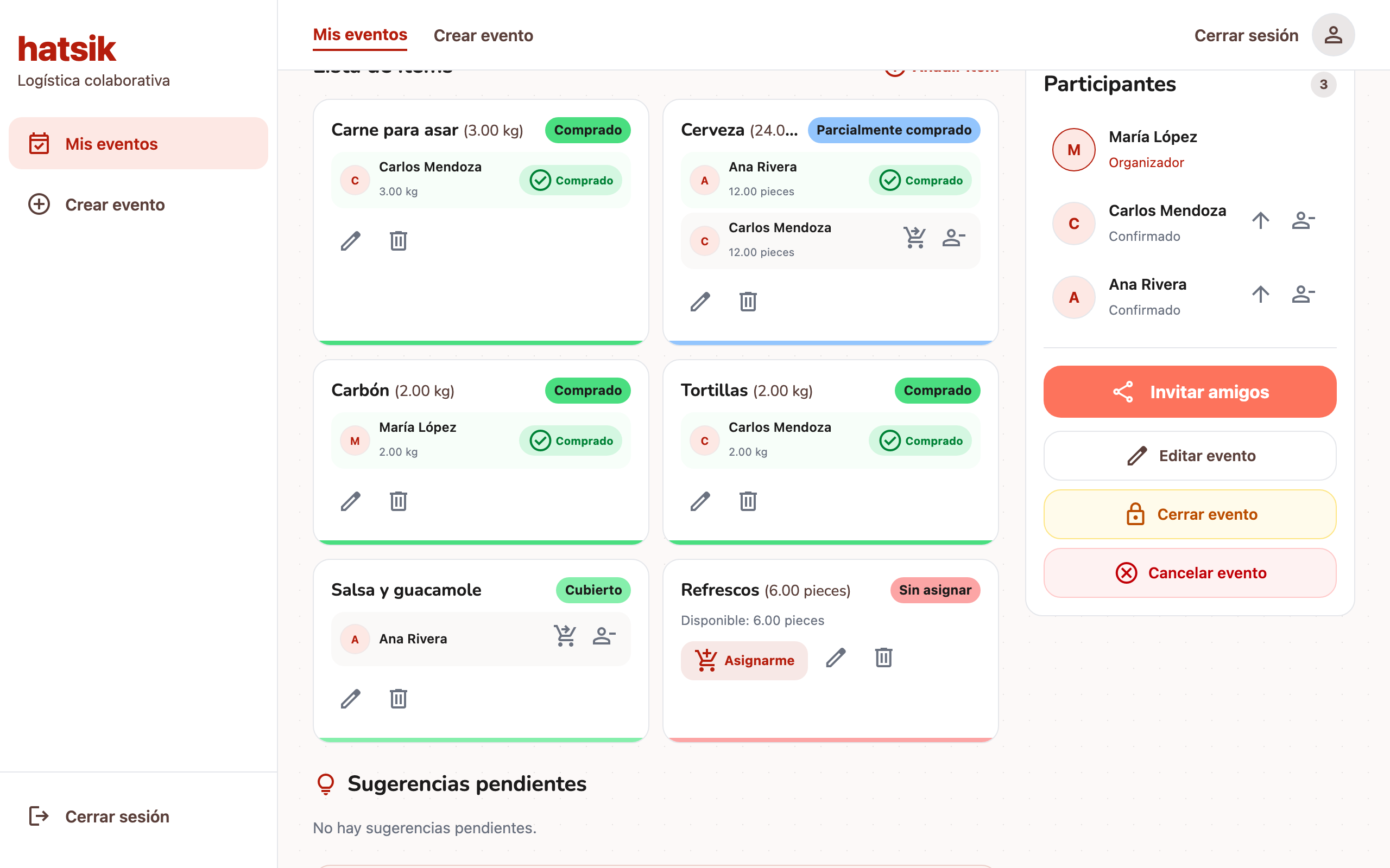 Lista de ítems del evento con estados de compra