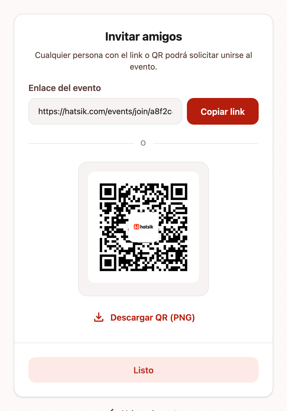 Pantalla de compartir evento con código QR